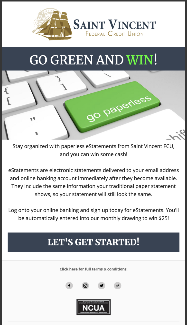 An email about eStatements created for Saint Vincent FCU.