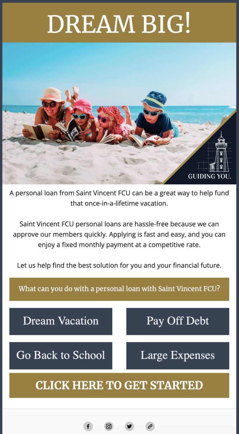 A personal loan email created for Saint Vincent FCU.